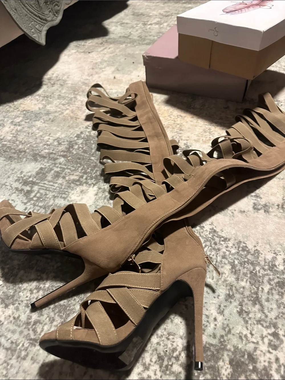 Beige Strappy High Heel Gladiator Sandals - Women